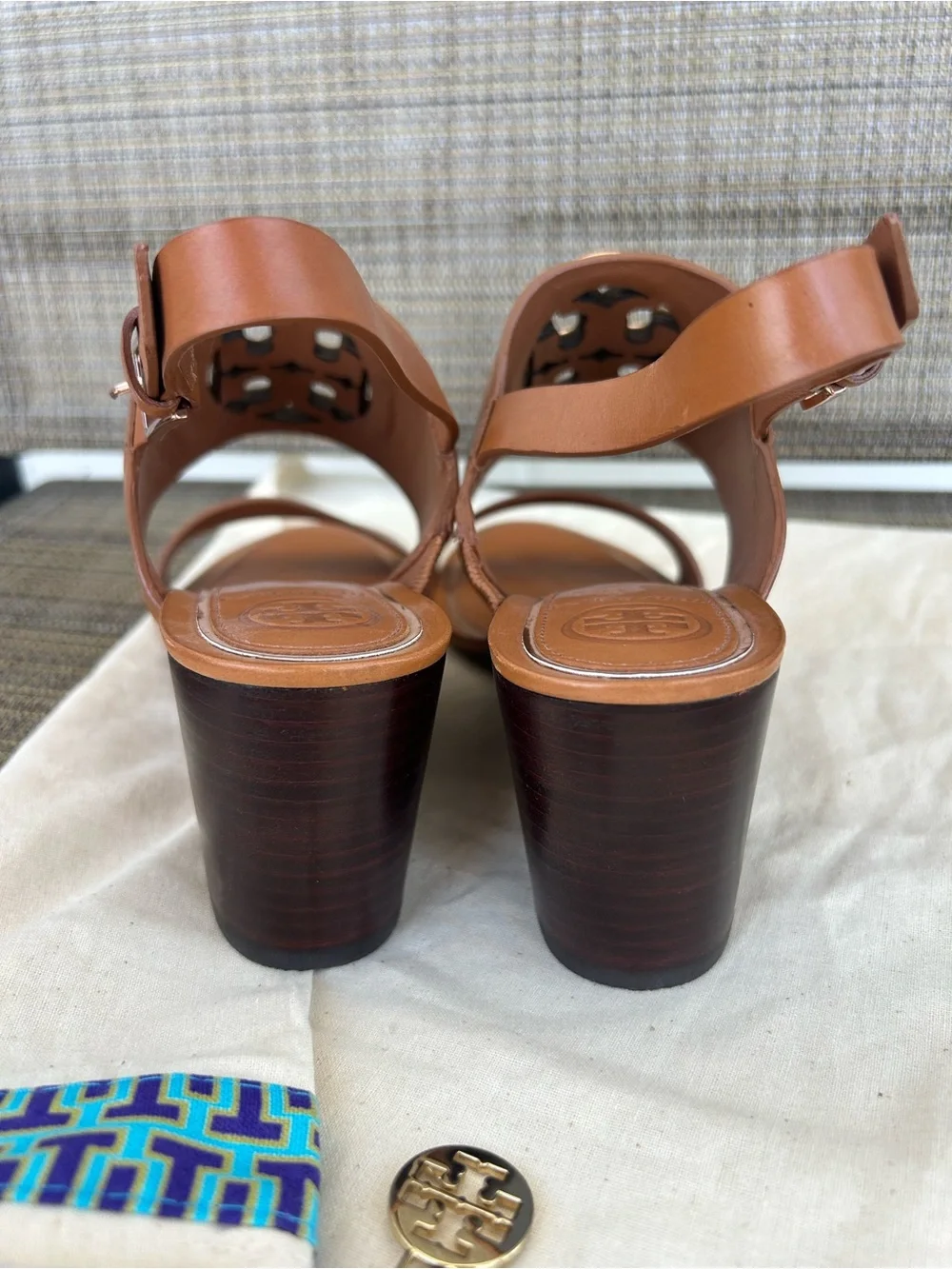 Auth NEW Tory Burch Sz 6 Metal miller Wedge heels tan brown 65mm Leather Sandals